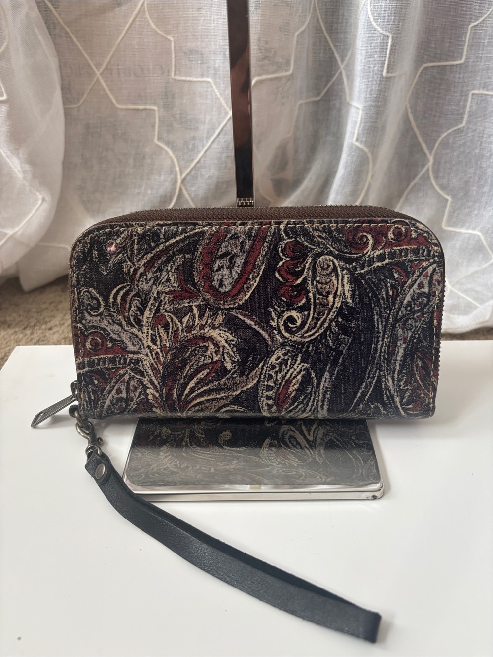 Patricia Nash Feather Paisley Leather Wristlet with Removable Strap